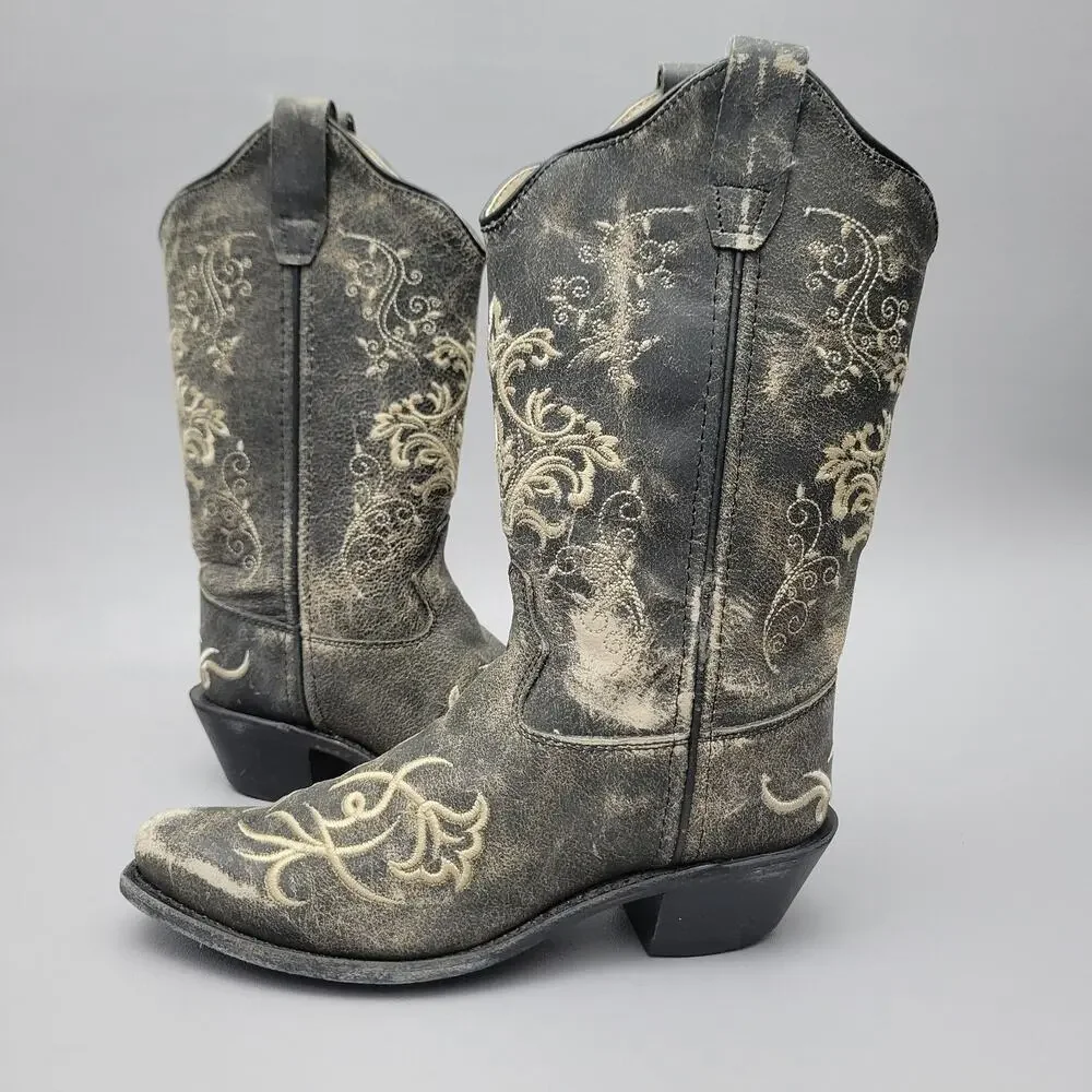 Old West Embroidered Leather Snip Toe Cowboy Boots Youth Kids Size 2.5 D Style